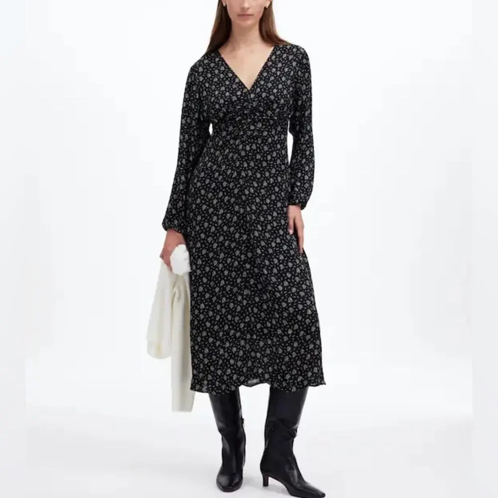 Madewell Floral Ruched Midi Dress in Black Size 8